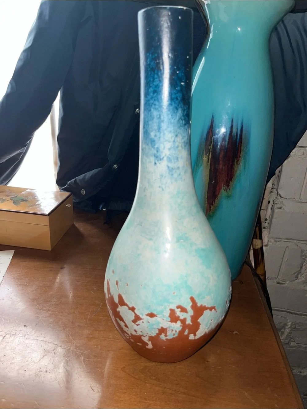 Large 13.5” Robin Egg Handcrafted Pottery Vase